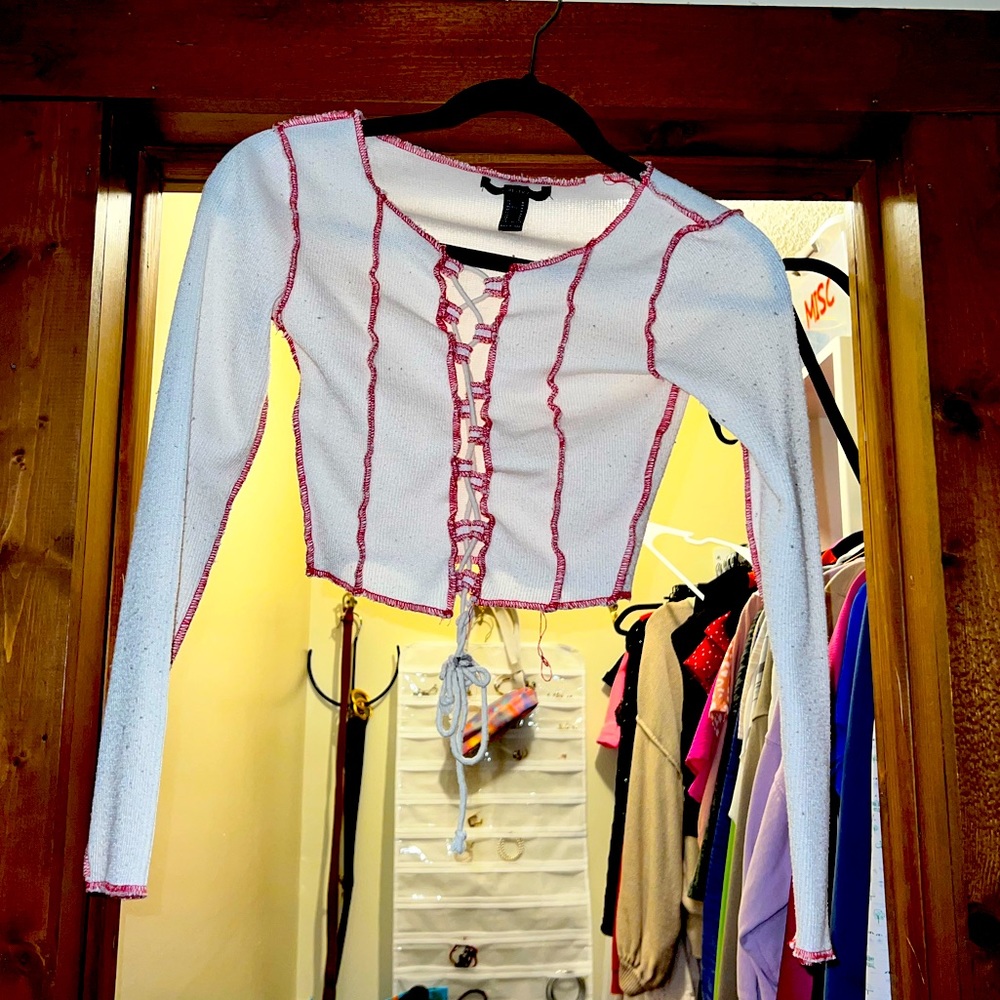cross tie cropped long sleeve top